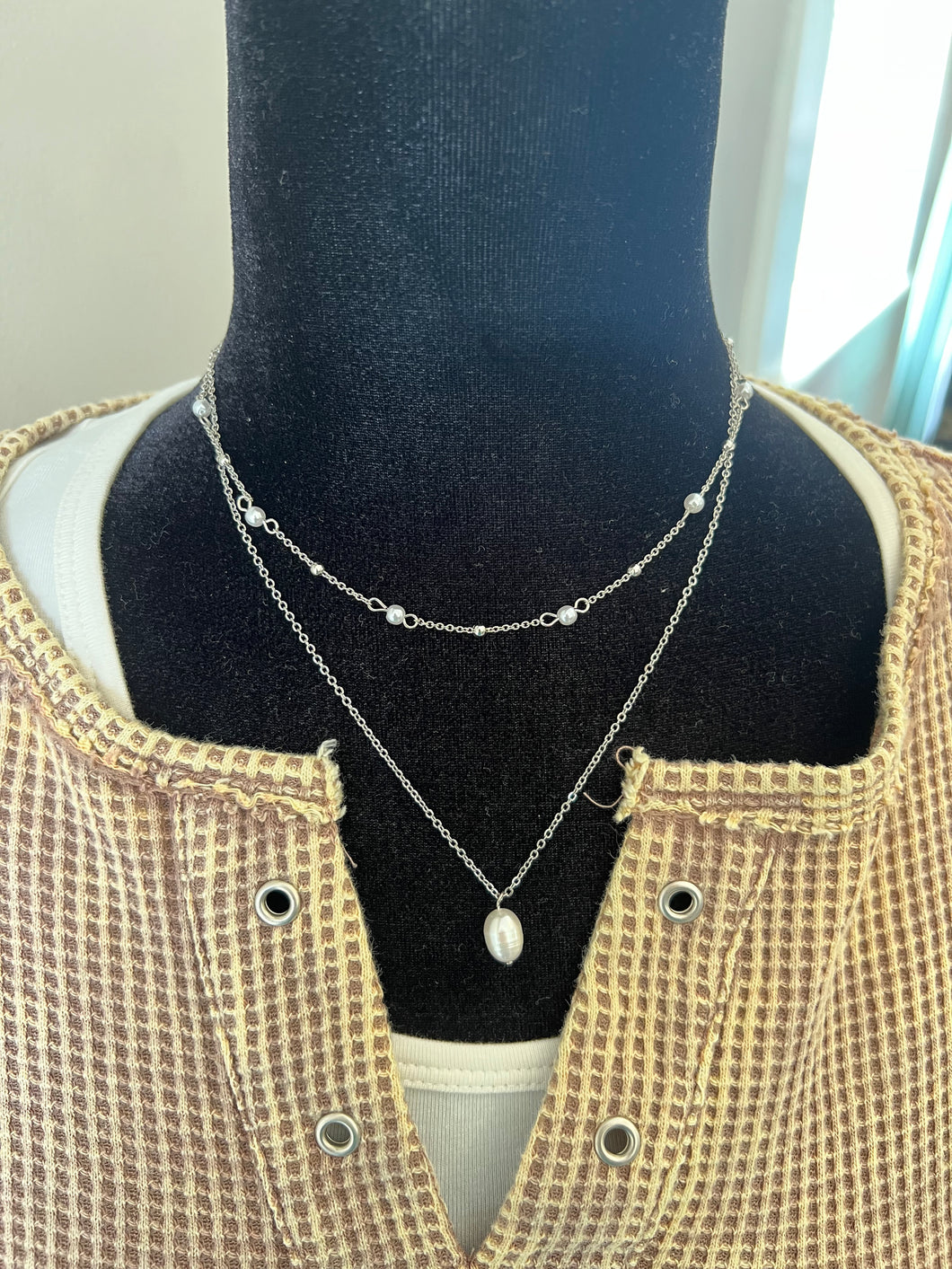 Silver Pearl Double Layered Necklace